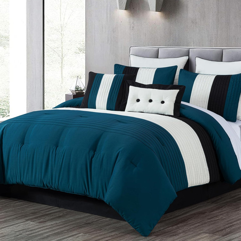 Loft 8-Piece Pleated Stripe Microfiber Comforter Set, Queen Comforter + 2 Standard Shams, Teal/Black/White