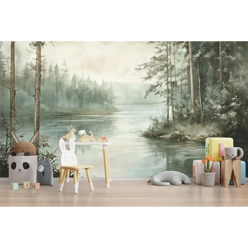 Murale Misty Forest Lake - Nature Landscape, L 120 x l 80 po, Peler et coller