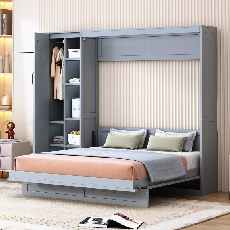 Grand lit mural gris avec tablettes, garde-robe et lumières à DEL, peu encombrant pour la chambre d'amis