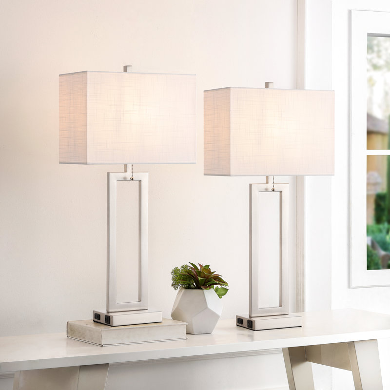 28.5" Metal Table Lamp Set With USB, Type-C Ports And Built-in Outlet , Nickel