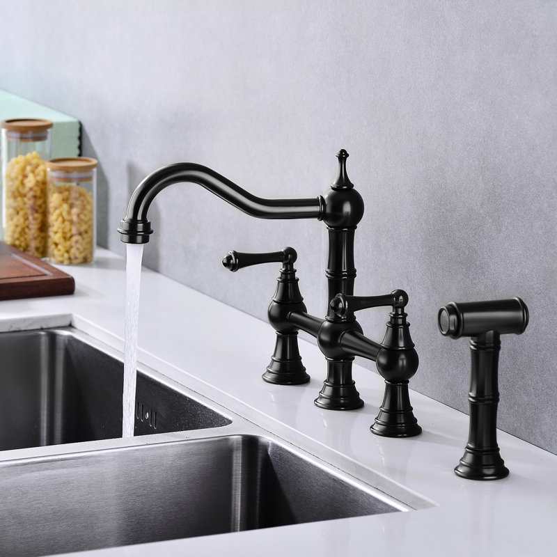 Robinet de cuisine de style pont avec deux poignées en noir mat et douchette rétractable à 360 degrés, rouille, fuite, poignée rotative en laiton, fabrication