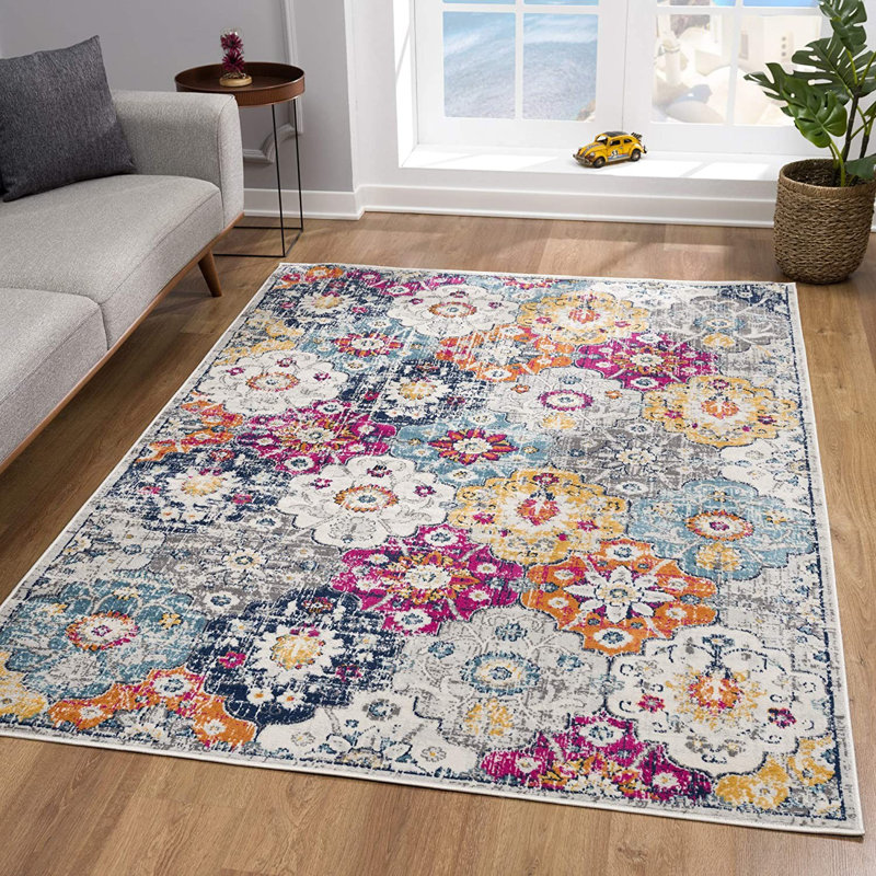 Tapis floral bleu et ivoire 8 pi x 10 pi, Tapis de couloir 2 pi x 13 pi