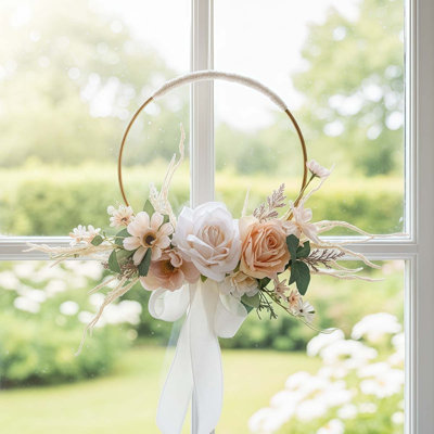 Wedding Wreath with Artificial Rose Flowers - 14in Wedding Floral Hoop Wreaths for Bridesmaids Bridal Shower, Ceremony Anniversary, Spring Wall Window Door Home Hanging Decorations, Wedding Decorations
