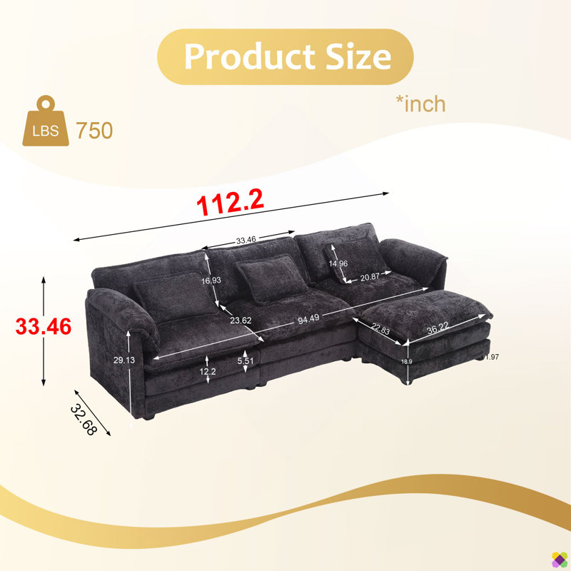 Millan 112" L Shaped Modular Sectional Sofa with Ottoman & Memory Foam, Black
