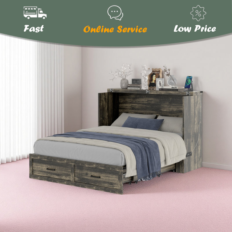 Armoire murale avec station de charge Murphy, Grand lit, Gris rustique