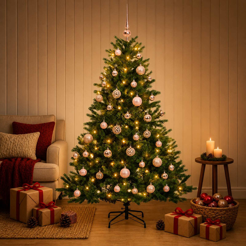 Christmas Tree, with LEDs & pink balls, Green, 120 cm