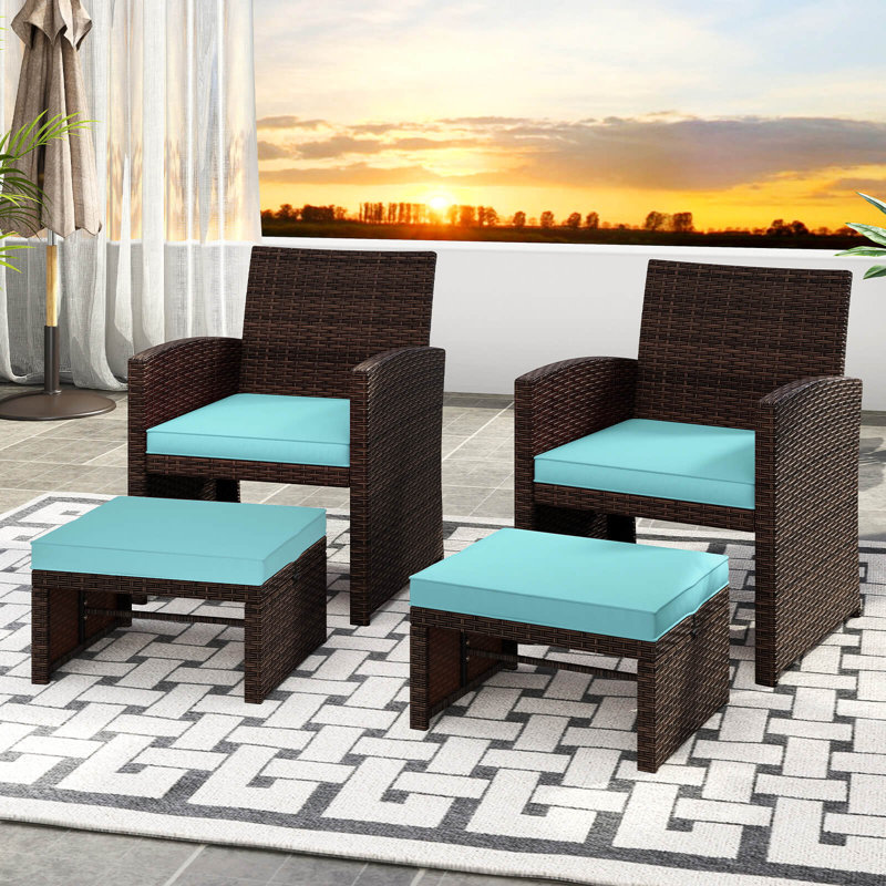 2 Pcs Patio Pe Rattan Ottomans With Soft Zippered Cushions For Deck Outdoor, Turquoise