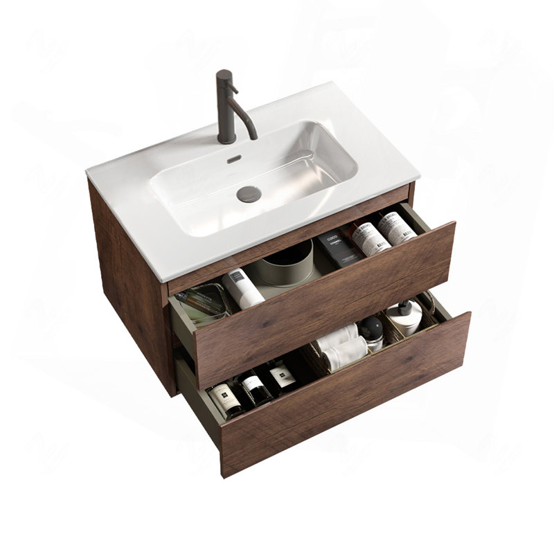 Meuble-lavabo mural en noyer de 30 po avec lavabo en céramique à un trou, lavabo une pièce sans bonde, pré-assemblé