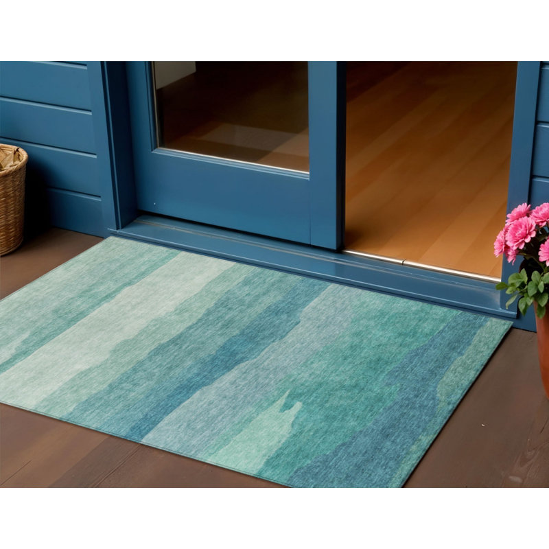 Tapis extérieur lavable rayé turquoise 3 pi x 5 pi