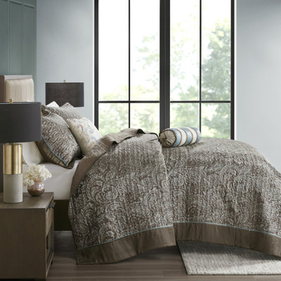 Couvre-lit très grand avec bride taupe et bordure de couleur unie tissée bleu / brun, taille