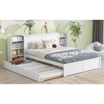 Grand lit avec tablettes coulissantes et lit gigogne simple TG, blanc - bois massif, construction de lit gigogne polyvalent, confortable