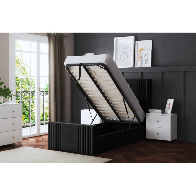 Elara Winged Ottoman Panel Bed with Headboard, Black, Single (3')