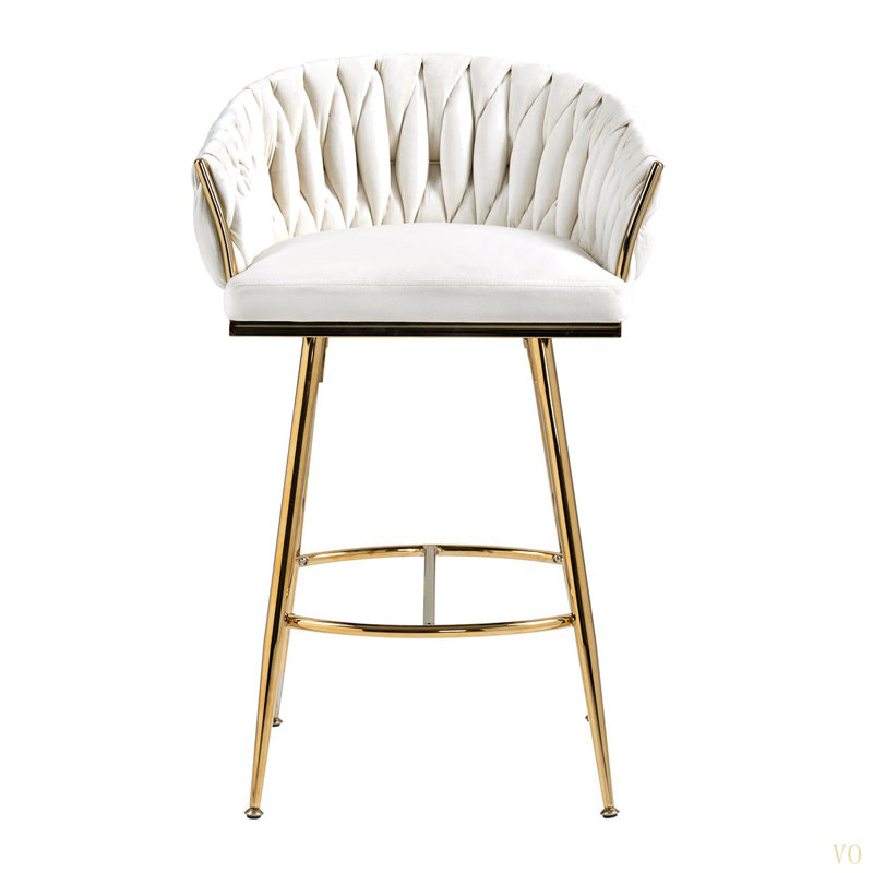 26'' Counter Height Bar Stools Velvet Kitchen Island Counter Bar Stool With Hand- Wave Back, Chromed Base And Footrest, White