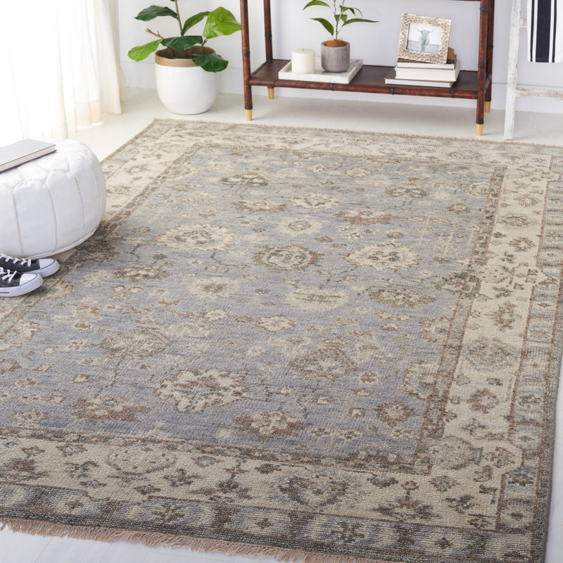 Tapis oriental gris / bleu / ivoire en laine / coton noué à la main Oriental, Rectangle 6 pi x 9 pi