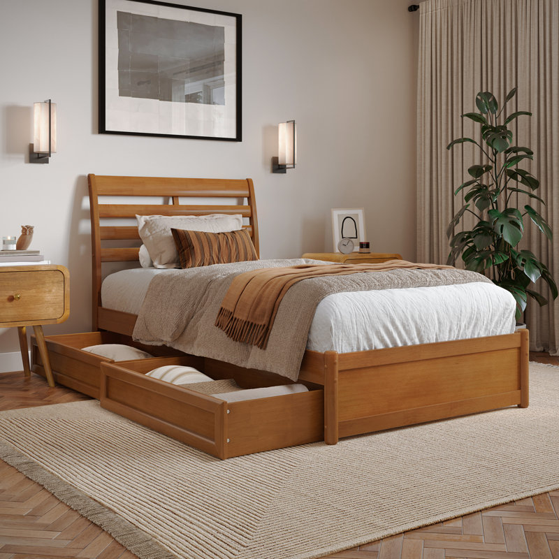 Lamareon Solid Wood Storage Platform Bed with Footboard & Under Bed Drawers, Twin XL, Light Toffee