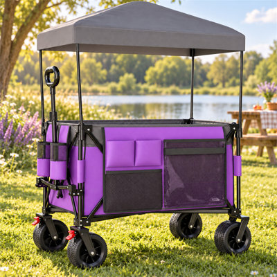 Purple Foldable Utility Wagon with Detachable Canopy, Heavy Duty 520LBS 240L Large Capacity Collapsible Cart, 7"×4" All-Terrain Wheels for Camping, Beach, Grocery & Pet Transport