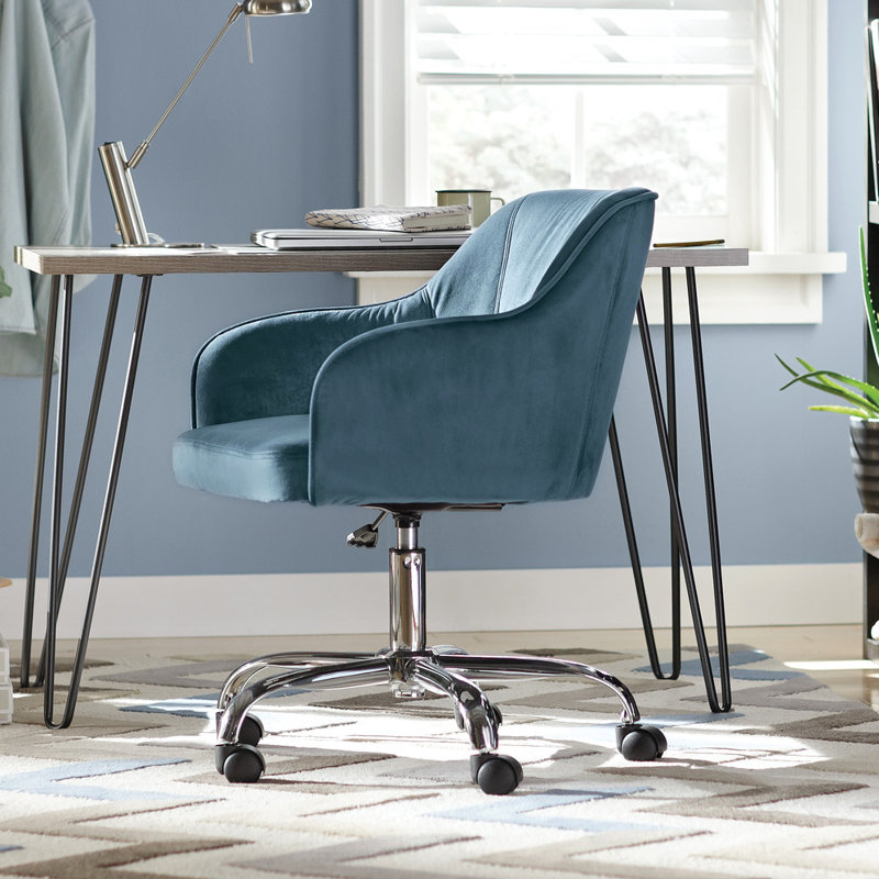 Atlantic Blue Velvet Fabric Swivel Task Chair with Polished Chrome Base