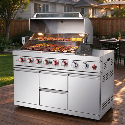 Bar de cuisine extérieure argenté avec barbecue à gaz propane de luxe de 147 cm (58 po) en acier inoxydable, équipé d'un brûleur arrière infrarouge en céramique, d'un comptoir en granit, de tiroirs de rangement et de roulettes pivotantes. Parfait pour cuisiner en plein air sur une terrasse ou dans un jardin.