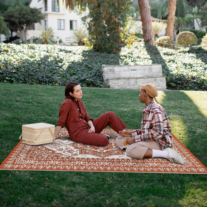 Outdoor Rug, Reversible Patio Rug, Large Vintage Medallion RV Camping Carpet, Waterproof Indoor Outdoor Plastic Straw Mat for Deck, Picnic, Beach, Pool, Garden