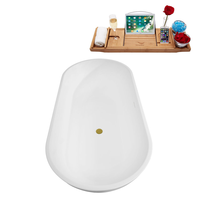 67" Streamline Soaking Freestanding Tub and Tray With Internal Drain, Brushed Gold