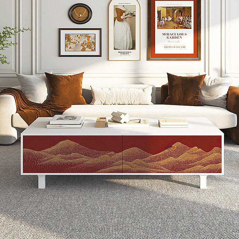 French retro patterned painted coffee table, White/Red