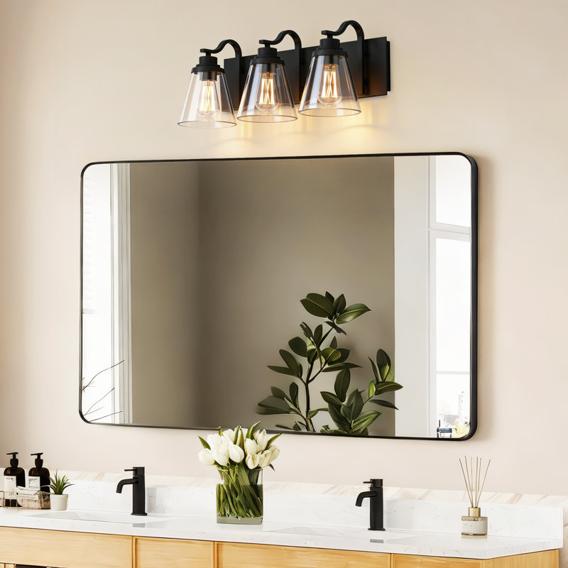 Bathroom Light Fixtures, 3-Light Matte Black Vanity Light Over Mirror, 21" Modern Wall Sconces With Flared Clear Glass Shade, Bathroom Wall Lights For Mirror Kitchen Bedroom Hallway