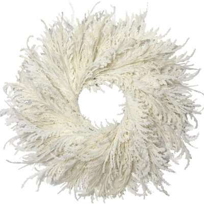 Couronne de printemps bohème blanche floquée en cyprès de 71 cm pour l'extérieur | Couronne d'hiver neutre en herbe de la pampa - Couronne artisanale en faux cèdre style ferme pour porte d'entrée, décoration intérieure toute l'année