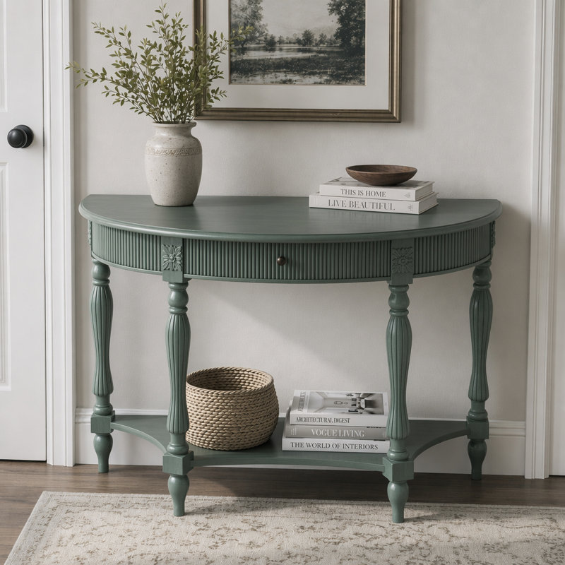 Console 45,27 po en bois massif avec tiroir et tablette, Green