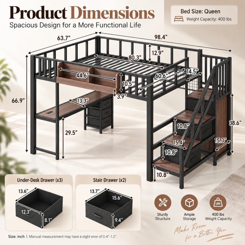 Lit mezzanine multifonctionnel en métal robuste Benedict avec bureau, escalier de rangement, tiroirs, lumière DEL et chargement USB, idéal pour les adolescents et peu encombrants.