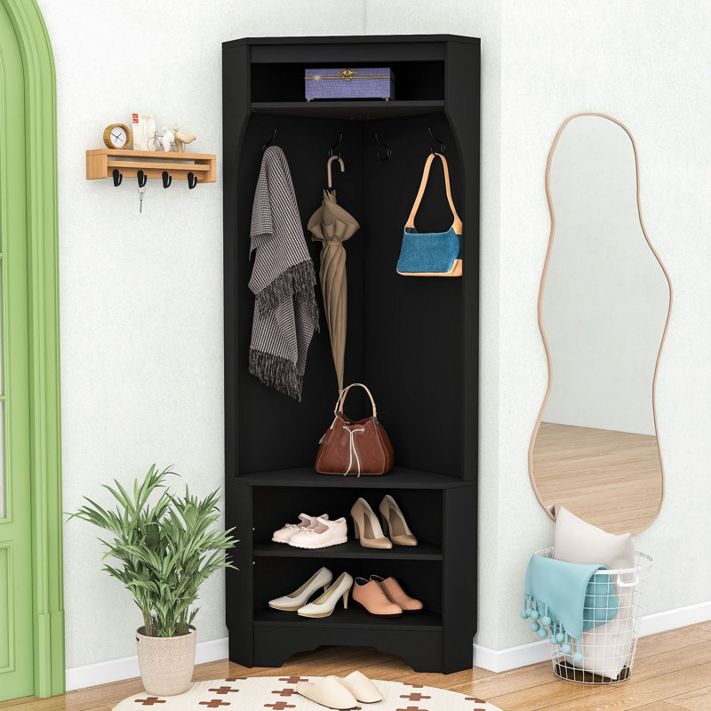 Modern Corner Coat Rack with Shoe Bench & Storage, Black