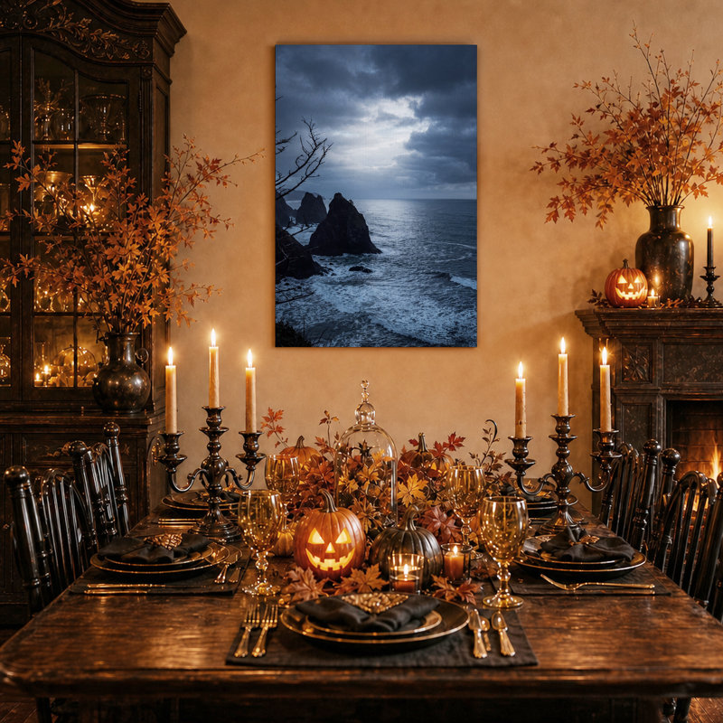 Toile murale d'Halloween représentant des rochers bleus et des vagues océaniques, 48"H x 32"W