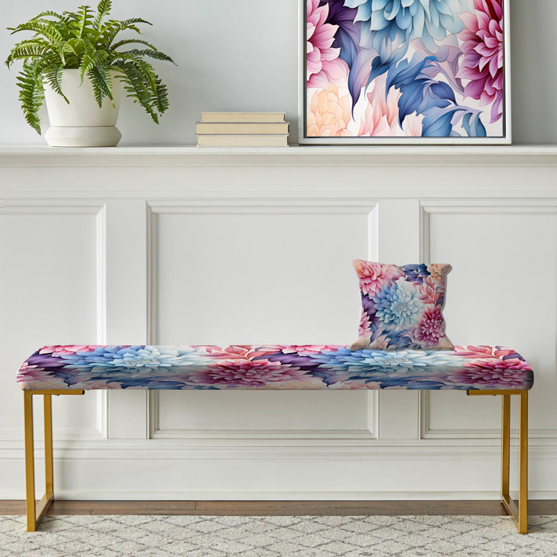 Banc floral rembourré or, Aquarelle damas dahlia mirage