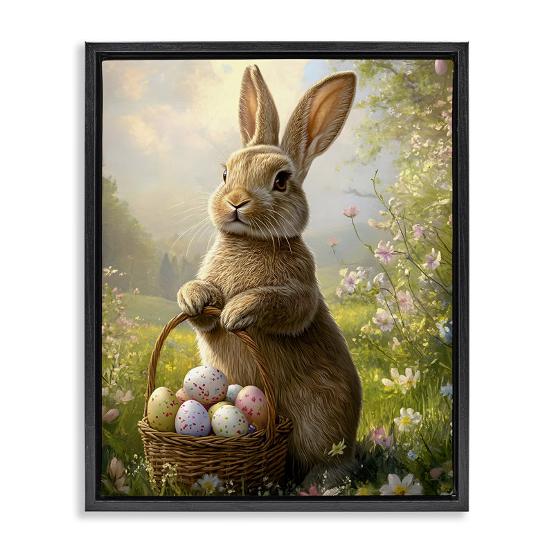 Lapin avec cadre flottant de panier de Pâques, design par Franklyn Gregory, H 21 po x l 17 po, Cadre flottant noir de jais