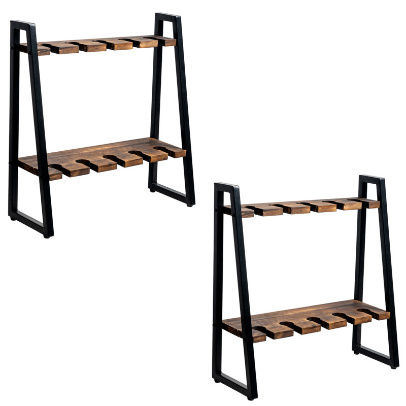 Metal / Solid Wood Tabletop Wine Glass Rack  in Black / Brown