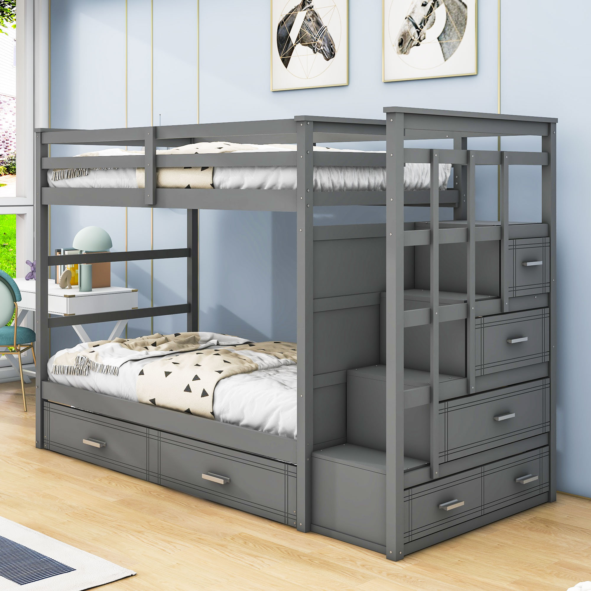 Harriet Bee Heustis Kids Twin Over Twin Drawers Wood Bunk Bed