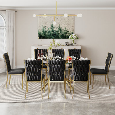 Ensemble de table de salle à manger rectangulaire de luxe moderne de 71 pouces, plateau en verre trempé avec base en métal, chaises rembourrées en velours avec pieds en métal doré, ensemble de cuisine et de salle à manger 6/7/9 pièces pour la salle à manger, le salon, le restaurant, le coin-repas, meubles contemporains Glam