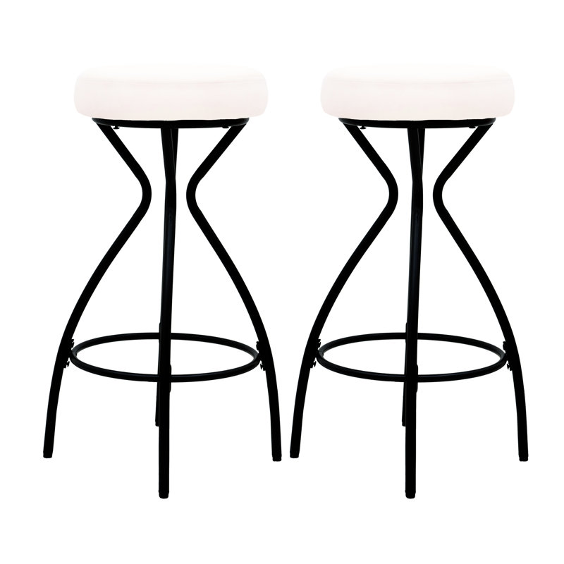 Tabouret de bar en velours moderne sans dossier de 2 avec sièges blanc crème et structure en métal noir pour l'intérieur
