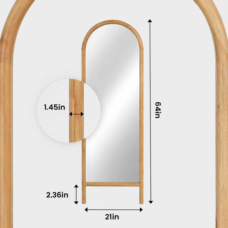 Natural Pine Wood Arch Full-Length Mirror - Elegant Wall-Leaning Or Wall-Mounted Design, 63.97" x 20.86"