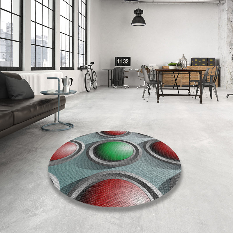 Tapis à motifs vert / gris / rouge, Rond 5 pi