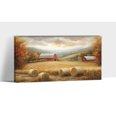 Paysage d'automne, art mural - scène d'automne, ferme rustique, décoration murale, peintures d'automne rétro pour salon, scène de campagne, cadre en pin sur toile tendue, 12 po x 24 po