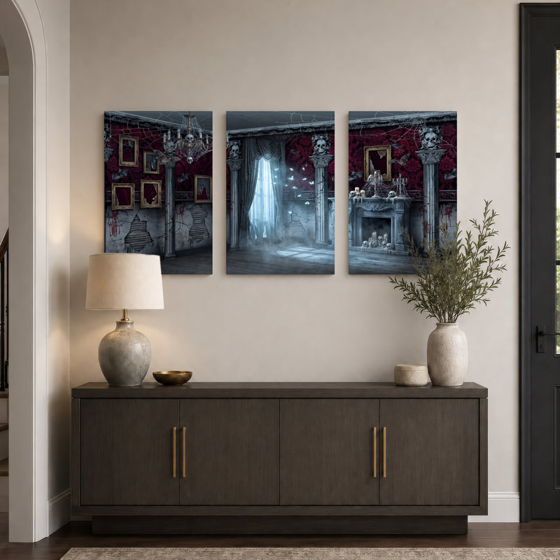 Chambre gothique avec papier peint rouge et ensemble de 3 toiles murales d'Halloween, 36"H x 24"W x 3pcs