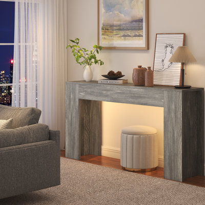 63-inch Long Console Table With Led Light, Farmhouse Sofa Table Behind Couch, Wooden Console Table For Entryway Hallway Entrance Living Room, Grey
