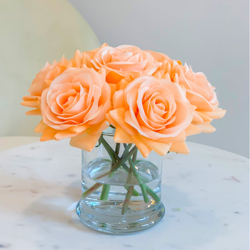 Real Touch Rose Arrangement In Glass Vase, Orange