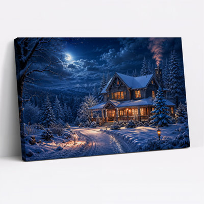 Tableau mural sur toile représentant un chalet enneigé avec de la fumée de cheminée et une décoration d'Halloween