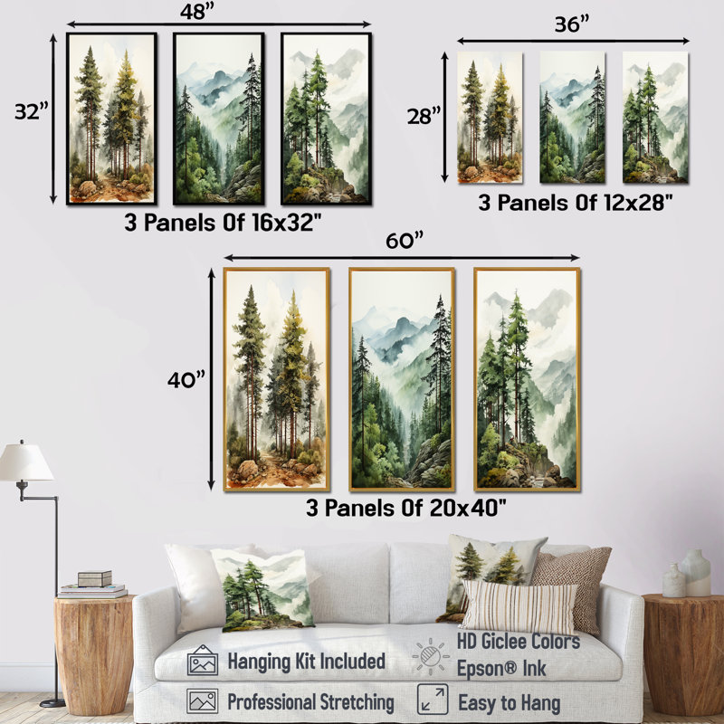 «Softwood Redwood Trees In Us Forest», ensemble de 3 reproductions d'art sur toile, H 28 po x l 36 po, Cadre flottant blanc