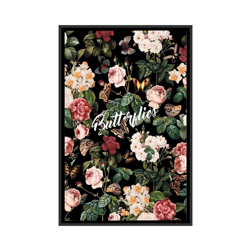 Fleurs et papillons, impression sur toile tendue, H 26 po x l 18 po x P 1,5 po, Toile avec cadre noir, Pas de tapis