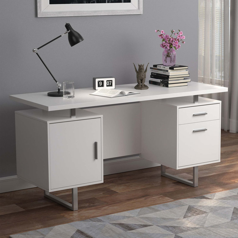 1 bureau contemporain 60 pouces 2 tiroirs bureau d'ordinateur base de bureau en métal, Blanc