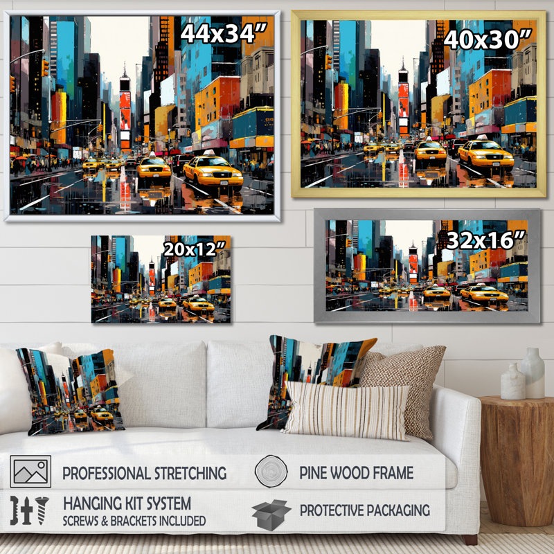 Jaune sarcelle jaune - New York, Cadre simple blanc, H 30 po x l 40 po x P 1,5 po