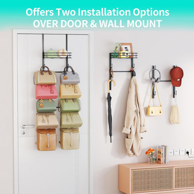 Over The Door Purse Organizer ， Wall Mounted Purse Rack with 10 Hooks and Metal Basket, Hanging Handbag Organizer Holds up to 10 Bags