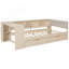Lit plateforme en bois avec tablettes de rangement, tiroirs, station de charge et tête de lit tapissier